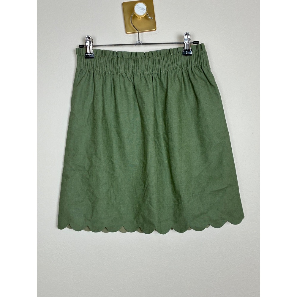 J.Crew Green Linen Blend Scalloped Hem Mini Skirt Smocked Waist Size 00 (H10) - Picture 2 of 9